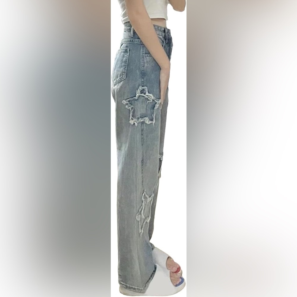 Women Loose Fit Boyfriend Jeans Baggy Y2K Straight Leg Star Patchwork Size Small - Picture 4 of 11